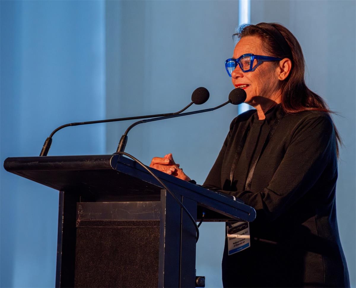 Rhoda Roberts giving a keynote speech at the 2023 CBAA Conference in Adelaide